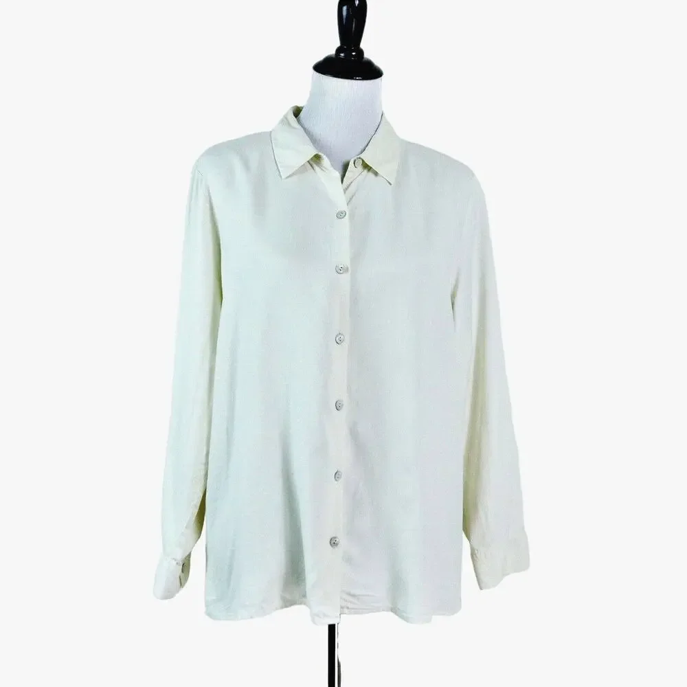 J Jill Size Petite L Woven Silk Button Up Long Sleeve Peplum Cream